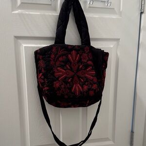 Black Quilted Tote with Red Floral Embroidery